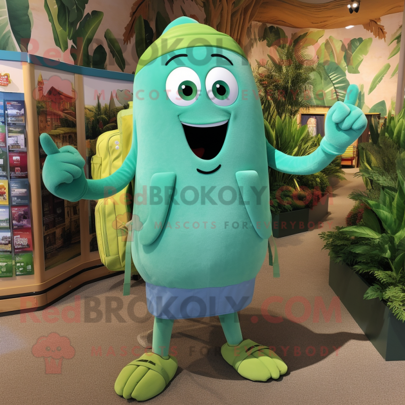 Turquoise Green Bean mascot costume character dressed with a Bermuda Shorts and Backpacks Turquoise Green Bean mascot costume character dressed with a Bermuda Shorts and Backpacks