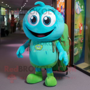 Turquoise Green Bean mascot costume character dressed with a Bermuda Shorts and Backpacks