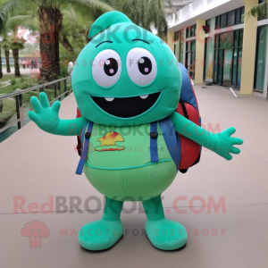 Turquoise Green Bean mascot costume character dressed with a Bermuda Shorts and Backpacks