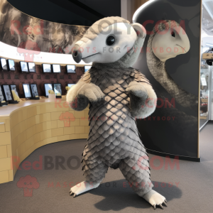 Gray Pangolin mascot costume character dressed with a Playsuit and Brooches