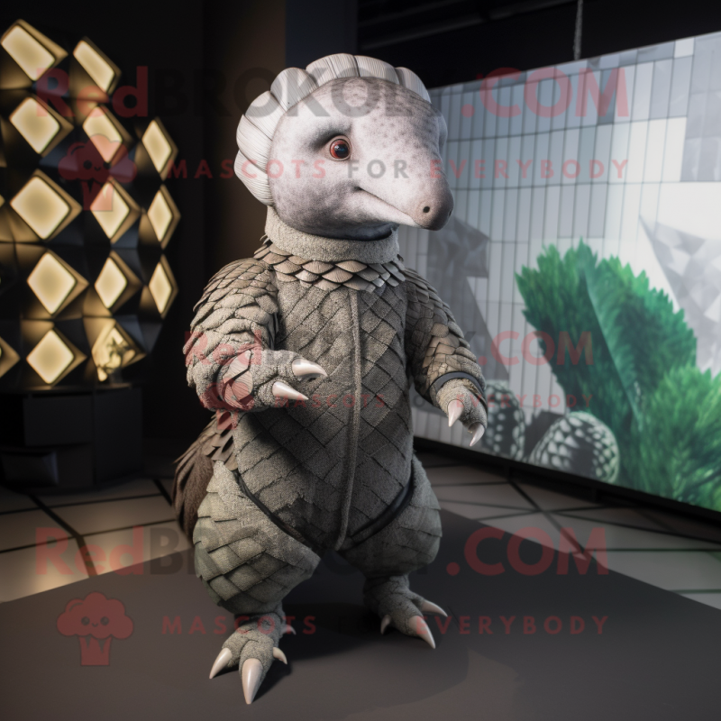 Gray Pangolin mascot costume character dressed with a Playsuit and Brooches