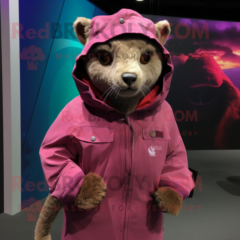 Magenta Jaguarundi mascot costume character dressed with a Parka and Wraps Magenta Jaguarundi mascot costume character dressed with a Parka and Wraps