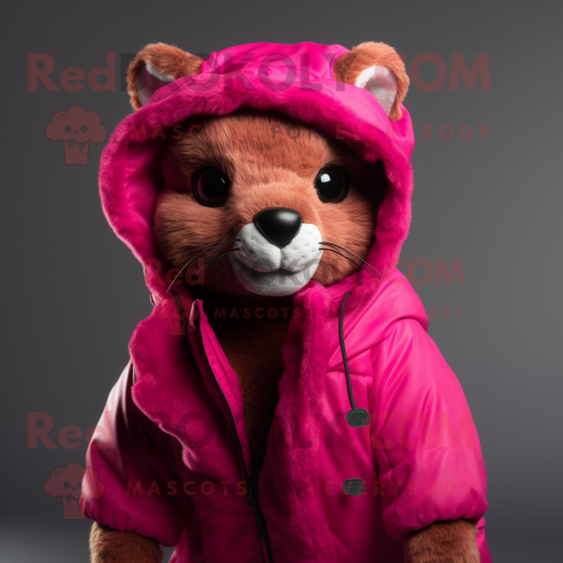 Magenta Jaguarundi mascot costume character dressed with a Parka and Wraps