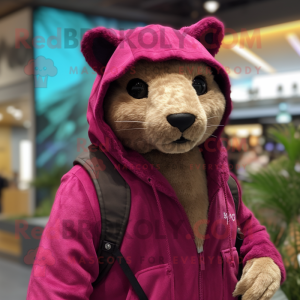 Magenta Jaguarundi mascot costume character dressed with a Parka and Wraps