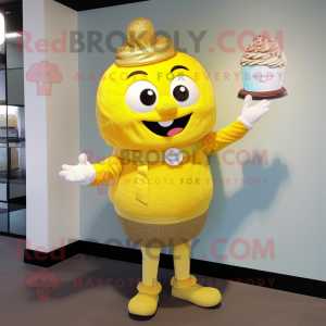 Yellow Cupcake mascot costume character dressed with a Turtleneck and Bracelet watches