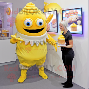 Yellow Cupcake mascot costume character dressed with a Turtleneck and Bracelet watches