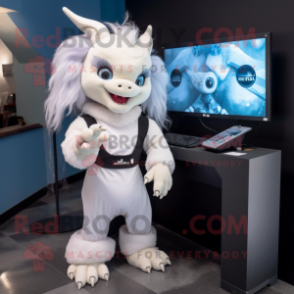 White Gargoyle mascot costume character dressed with a Leggings and Hair clips