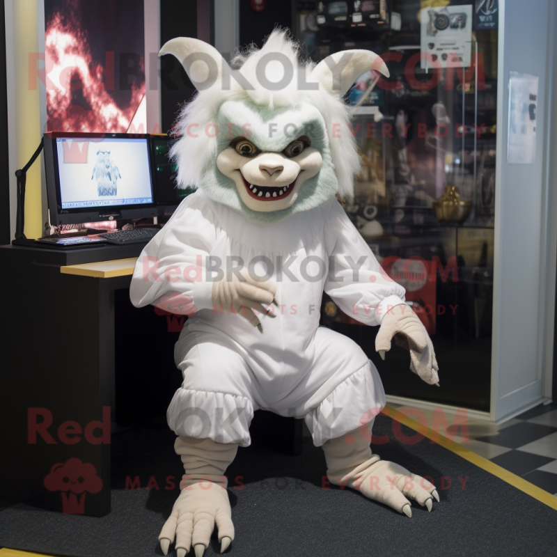 White Gargoyle mascot costume character dressed with a Leggings and Hair clips White Gargoyle mascot costume character dressed with a Leggings and Hair clips