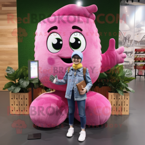 Pink Grape mascot costume character dressed with a Boyfriend Jeans and Coin purses