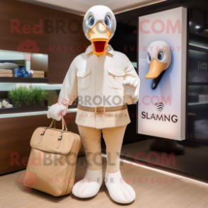 Tan Swans mascot costume character dressed with a Polo Shirt and Briefcases