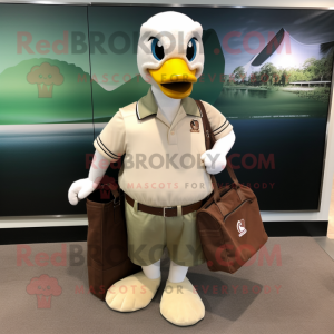 Tan Swans mascot costume character dressed with a Polo Shirt and Briefcases