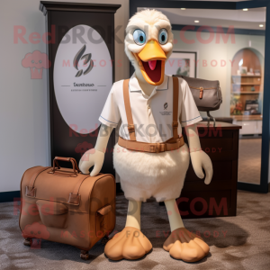 Tan Swans mascot costume character dressed with a Polo Shirt and Briefcases