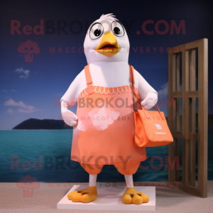 Peach Seagull mascot costume character dressed with a Board Shorts and Coin purses