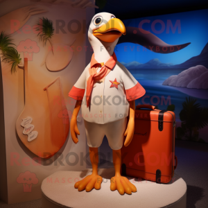 Peach Seagull mascot costume character dressed with a Board Shorts and Coin purses