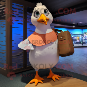 Peach Seagull mascot costume character dressed with a Board Shorts and Coin purses