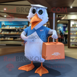 Peach Seagull mascot costume character dressed with a Board Shorts and Coin purses
