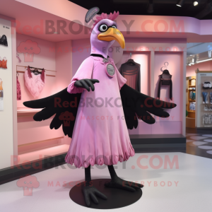 Pink Crow mascot costume character dressed with a A-Line Dress and Shoe clips