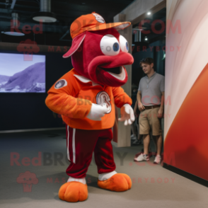Maroon Clown Fish mascot costume character dressed with a Polo Tee and Watches