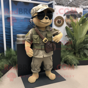 Gold Marine Recon mascot costume character dressed with a Cargo Shorts and Lapel pins