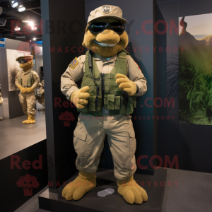 Gold Marine Recon mascot costume character dressed with a Cargo Shorts and Lapel pins