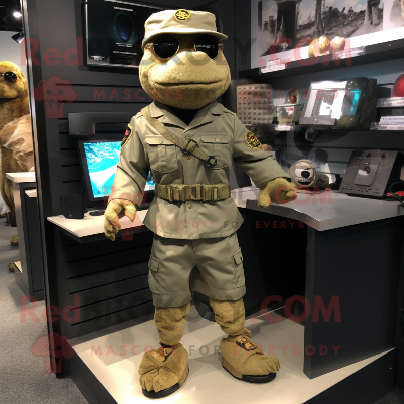 Gold Marine Recon mascot costume character dressed with a Cargo Shorts and Lapel pins