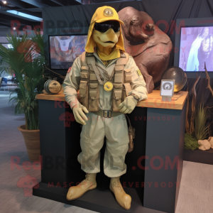 Gold Marine Recon mascot costume character dressed with a Cargo Shorts and Lapel pins