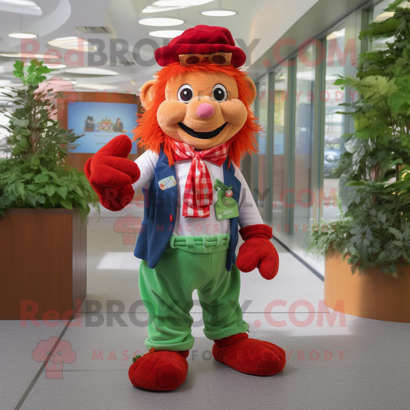 Red Leprechaun mascot costume character dressed with a Henley Shirt and Scarf clips Red Leprechaun mascot costume character dressed with a Henley Shirt and Scarf clips