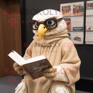 Beige Haast'S Eagle mascot costume character dressed with a Hoodie and Reading glasses