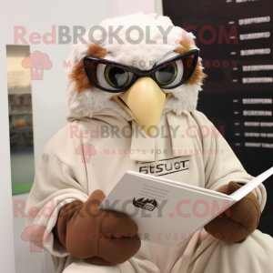 Beige Haast'S Eagle mascot costume character dressed with a Hoodie and Reading glasses