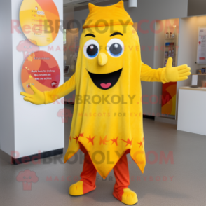 Yellow Tikka Masala mascot costume character dressed with a Flare Jeans and Rings