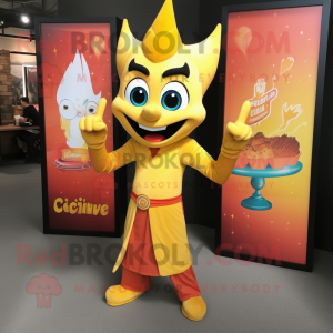 Yellow Tikka Masala mascot costume character dressed with a Flare Jeans and Rings