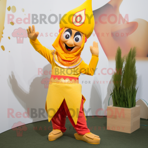 Yellow Tikka Masala mascot costume character dressed with a Flare Jeans and Rings