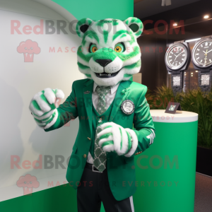 Green Tiger mascot costume character dressed with a Suit Jacket and Bracelet watches