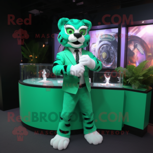 Green Tiger mascot costume character dressed with a Suit Jacket and Bracelet watches