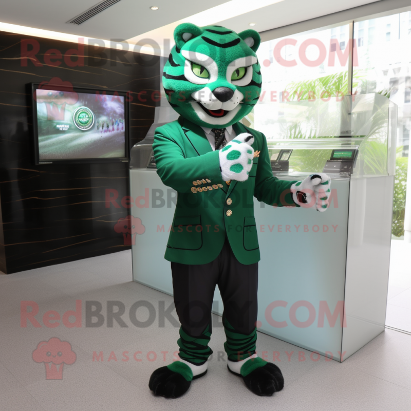 Green Tiger mascot costume character dressed with a Suit Jacket and Bracelet watches