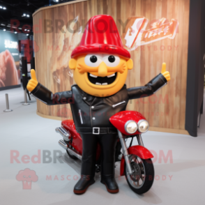 Red French Fries mascot costume character dressed with a Biker Jacket and Clutch bags