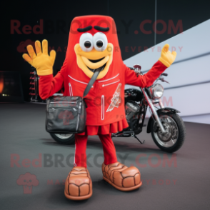 Red French Fries mascot costume character dressed with a Biker Jacket and Clutch bags