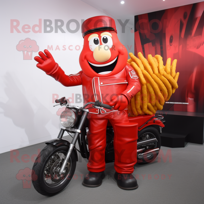Red French Fries mascot costume character dressed with a Biker Jacket and Clutch bags