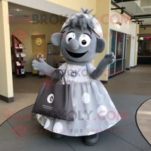 Gray Candy mascot costume character dressed with a Circle Skirt and Tote bags