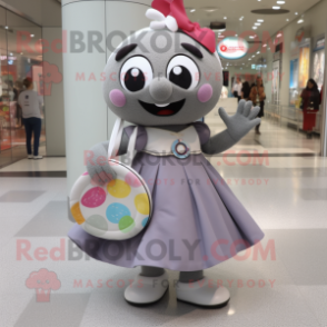 Gray Candy mascot costume character dressed with a Circle Skirt and Tote bags