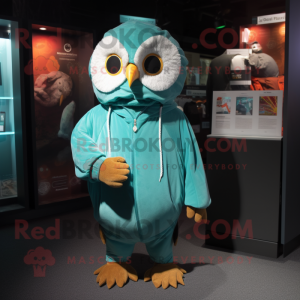 Teal Owl mascot costume character dressed with a Hoodie and Coin purses