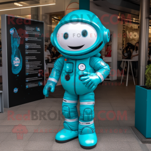 Turquoise Astronaut mascot costume character dressed with a Maxi Dress and Cufflinks