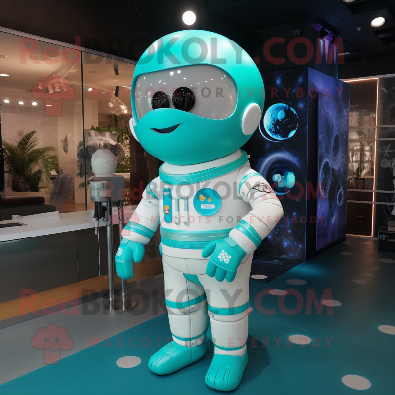 Turquoise Astronaut mascot costume character dressed with a Maxi Dress and Cufflinks