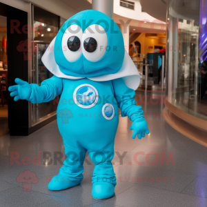 Turquoise Astronaut mascot costume character dressed with a Maxi Dress and Cufflinks