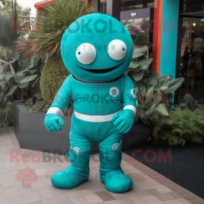 Turquoise Astronaut mascot costume character dressed with a Maxi Dress and Cufflinks