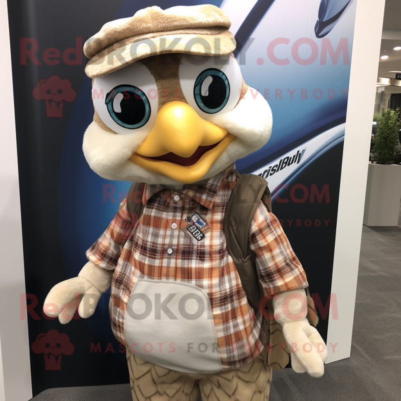 Beige Peacock mascot costume character dressed with a Flannel Shirt and Keychains