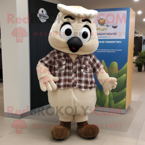 Beige Peacock mascot costume character dressed with a Flannel Shirt and Keychains