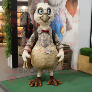 Beige Peacock mascot costume character dressed with a Flannel Shirt and Keychains