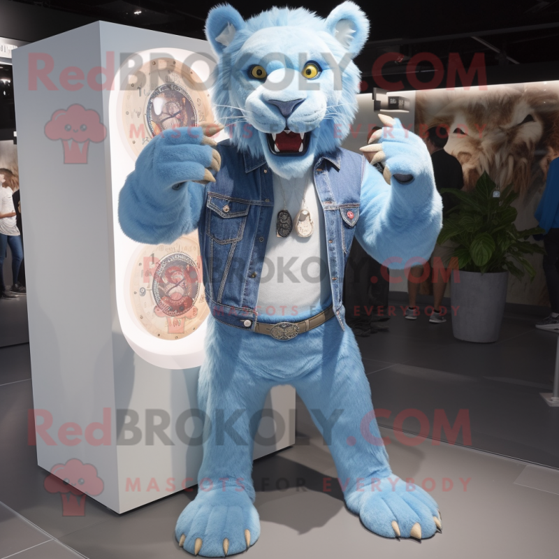 Sky Blue Smilodon mascot costume character dressed with a Denim Shorts and Digital watches