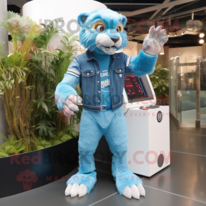 Sky Blue Smilodon mascot costume character dressed with a Denim Shorts and Digital watches